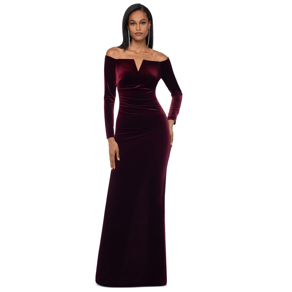 Xscape Burgundy Off the Shoulder Long Sleeve Velvet Gown, Size 8P, MSRP: 179$